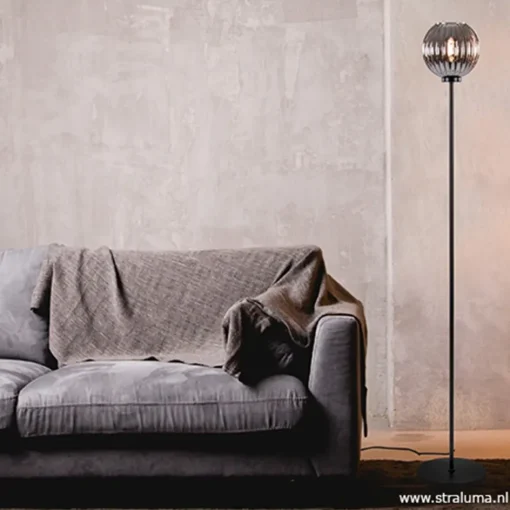 Zwarte vloerlamp met smoke glazen kap>Straluma Clearance