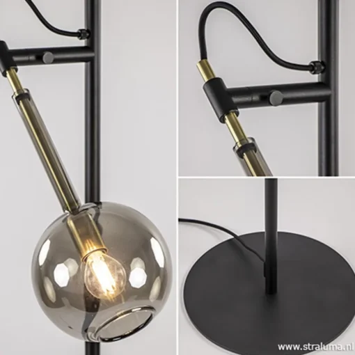 Zwart/messing vloerlamp met smoke glas>Straluma Hot